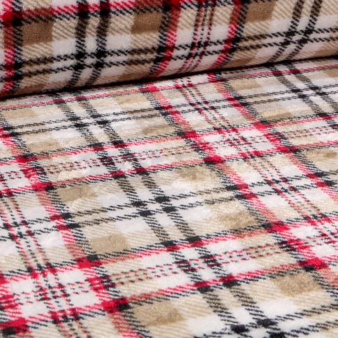Tissu Doudou Ecossais Robin sur fond Beige