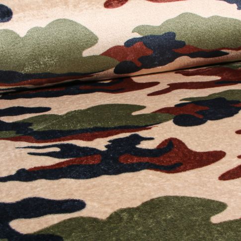 Tissu Doudou Camouflage militaire kaki sur fond Beige