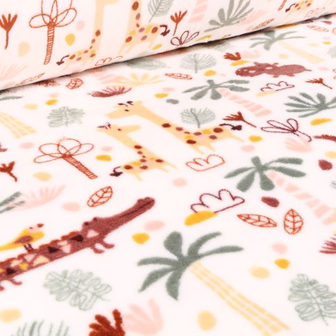 Tissu Doudou Jungle sur fond Blanc