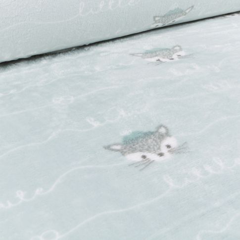 Tissu Doudou Renards et écritures sur fond Vert menthe clair