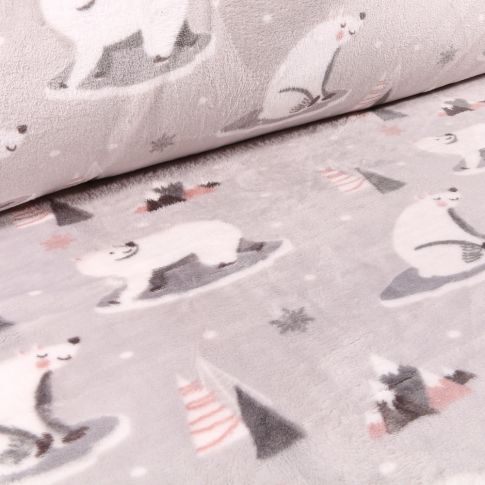 Tissu Doudou Ours polaires et banquises sur fond Gris