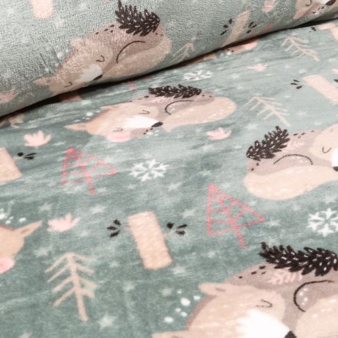 Tissu Doudou Hibernation sur fond Vert d'eau