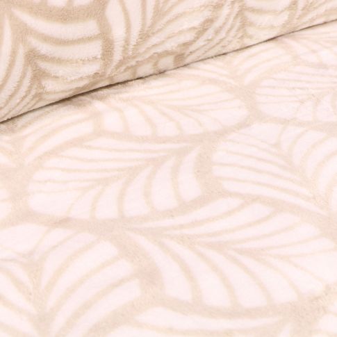 Tissu Doudou Feuilles blanches sur fond Beige