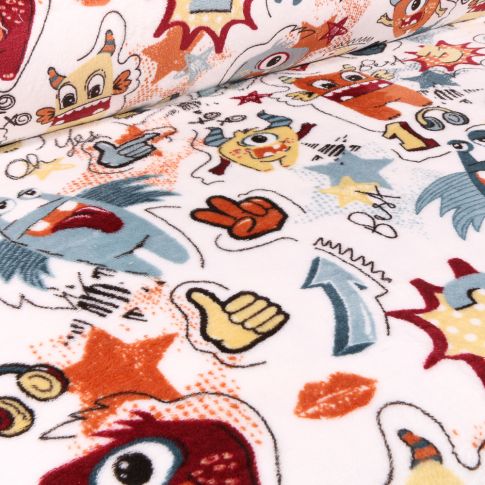 Tissu Doudou Monstres foufou sur fond Blanc