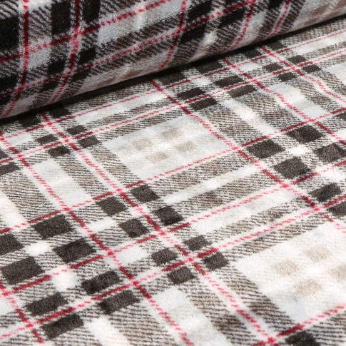 Tissu Doudou Ecossais noir et rouge sur fond Blanc