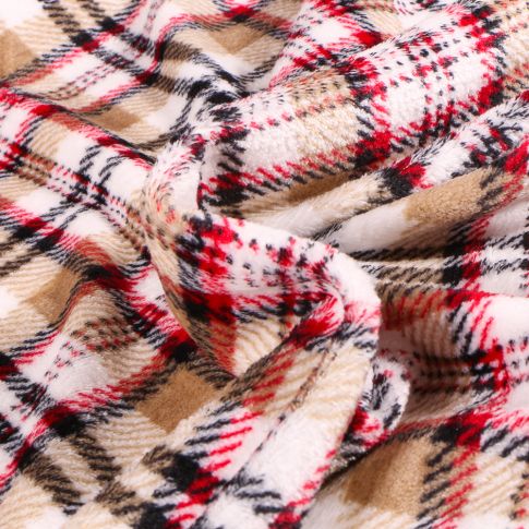 Tissu Doudou Carreaux rouges sur fond Beige