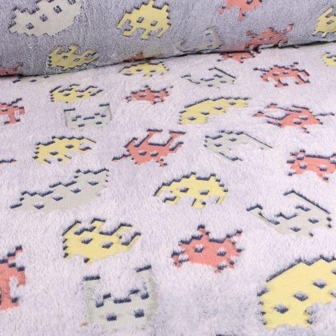 Tissu Doudou Pixel art sur fond Gris