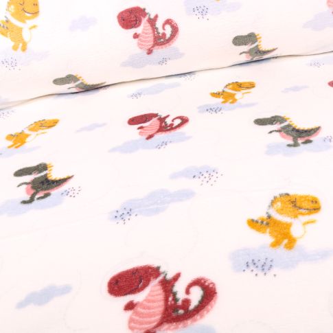 Tissu Doudou Dragons multicolores sur fond Blanc