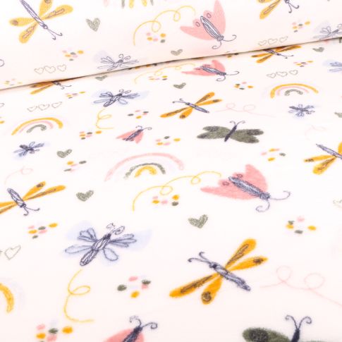 Tissu Doudou Libellules et papillons sur fond Blanc cassé