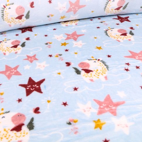 Tissu Doudou Licornes et étoiles sur fond Bleu ciel