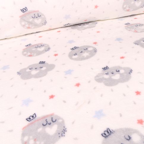 Tissu Doudou Nuages et pluie d'étoiles sur fond Blanc