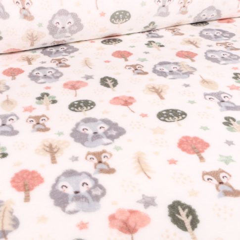 Tissu Doudou Animaux de la foret sur fond Blanc