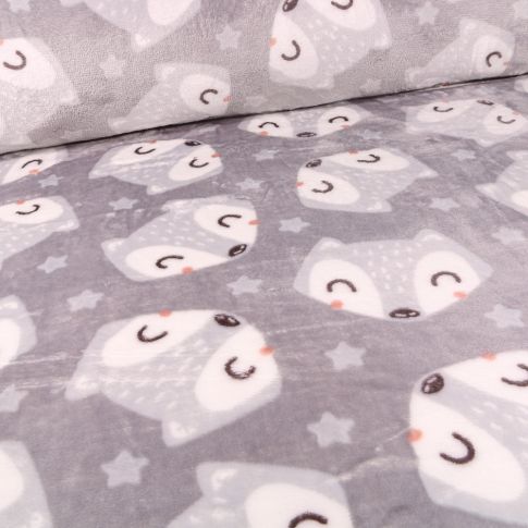 Tissu Doudou Têtes de renards et étoiles sur fond Gris