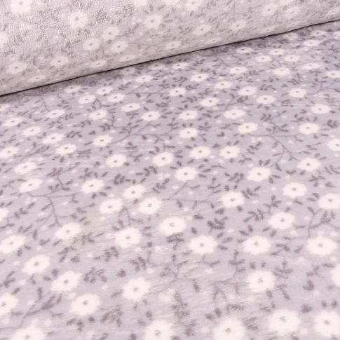 Tissu Doudou Fleurs blanches sur fond Gris