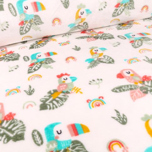 Tissu Doudou Toucans sur fond Blanc