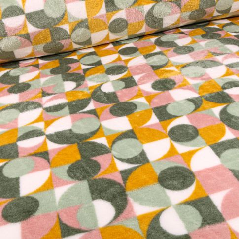 Tissu Doudou Ronds et carrés sur fond Blanc