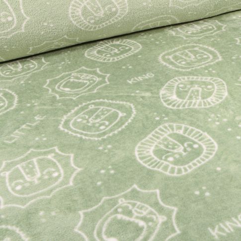Tissu Doudou Têtes de lions sur fond Vert amande
