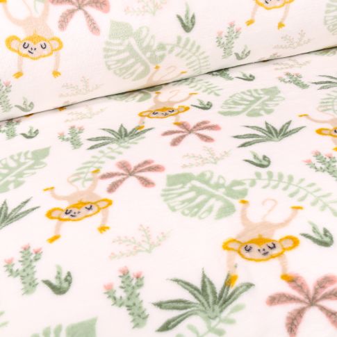 Tissu Doudou Singes et feuilles tropical sur fond Blanc