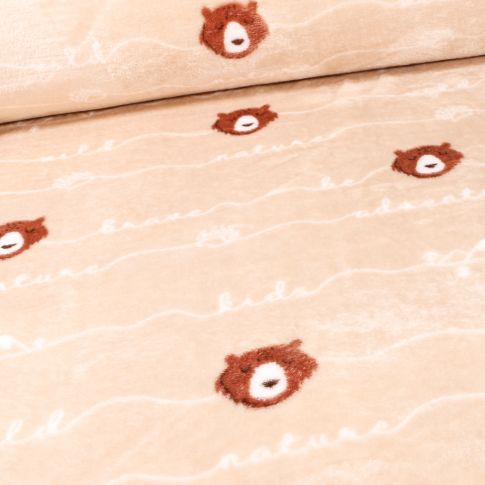 Tissu Doudou Têtes d'ours et écritures sur fond Beige