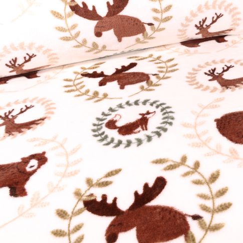 Tissu Doudou Elans cerfs et renards sur fond Blanc