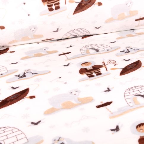 Tissu Doudou Igloo pôle nord sur fond Blanc