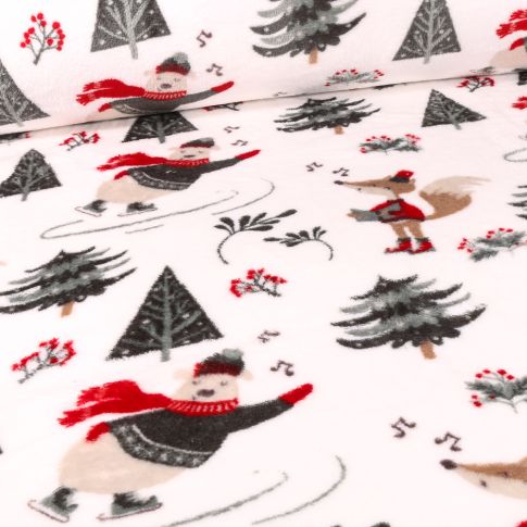 Tissu Doudou Animaux patinage sur fond Blanc