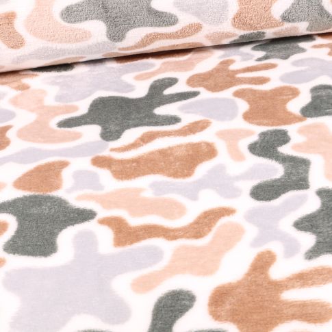 Tissu Doudou Camouflage tons clairs sur fond Blanc