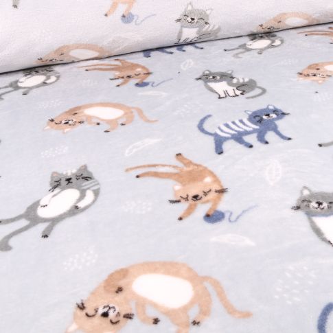 Tissu Doudou Chats et pelotes sur fond Gris clair