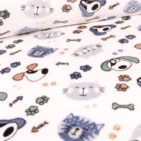Tissu Doudou Cat & Dog sur fond Blanc