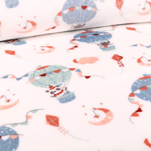 Tissu Doudou Montgolfières sur fond Blanc