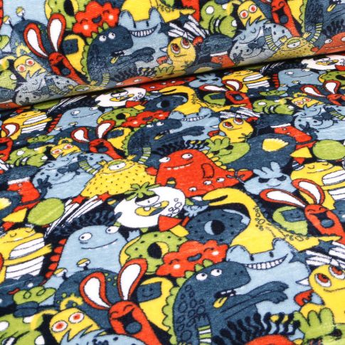 Tissu Doudou Monstres rigolos colorés sur fond Bleu marine