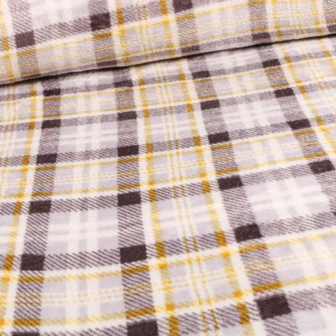 Tissu Doudou Carreaux Ecossais gris et jaune sur fond Blanc