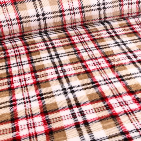 Tissu Doudou Carreaux Ecossais rouge et camel sur fond Blanc cassé