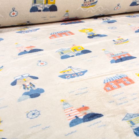 Tissu Doudou Village marins sur fond Blanc cassé