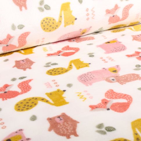 Tissu Doudou Forest friends sur fond Blanc