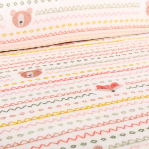 Tissu Doudou Chevrons colorés et têtes d'animaux sur fond Blanc