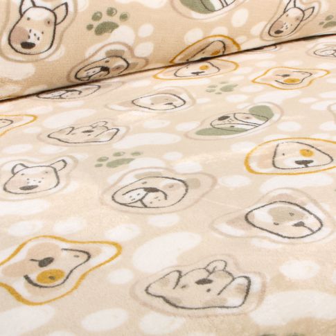 Tissu Doudou Têtes et pattes de chiens sur fond Beige