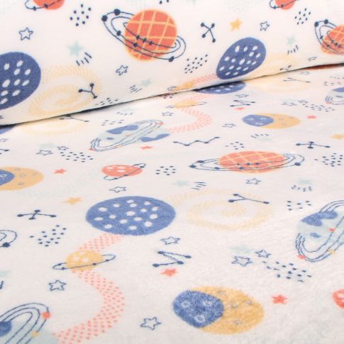 Tissu Doudou Space planet sur fond Blanc cassé