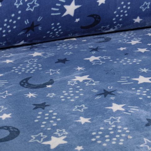 Tissu Doudou Etoiles et lunes sur fond Bleu denim