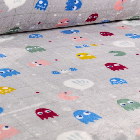 Tissu Doudou Pac man sur fond Gris