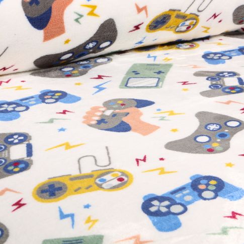 Tissu Doudou Manette gamer sur fond Blanc cassé