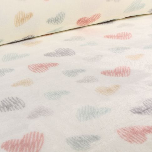 Tissu Doudou Graffi coeurs sur fond Blanc cassé