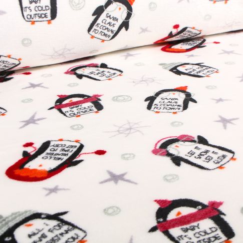 Tissu Doudou Pingouins de noël sur fond Blanc
