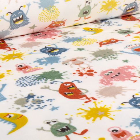 Tissu Doudou Monstres bétises sur fond Blanc