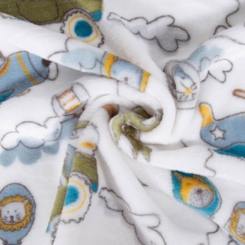 Tissu Doudou imprimé Avions et voitures sur fond Blanc
