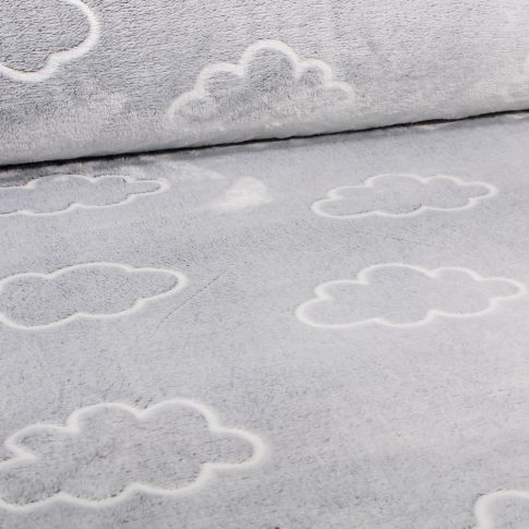 Tissu Doudou Nuages 3D sur fond Gris clair