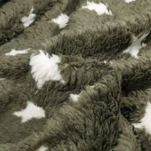 Tissu Fausse fourrure Doudou réversible Etoiles sur fond Vert kaki