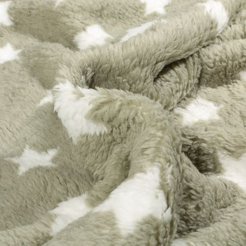 Tissu Fausse fourrure Doudou réversible Etoiles sur fond Vert kaki clair