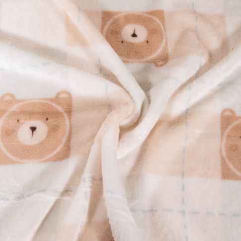 Tissu Doudou imprimé Tête d'ours beige sur fond Blanc