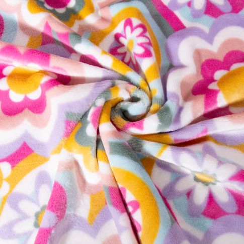 Tissu Doudou imprimé Fleurs Hippy sur fond Lilas